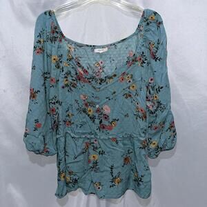 Maurices Puff Sleeve Blouse Women’s Size 0X Teal Floral 3/4 Sleeve